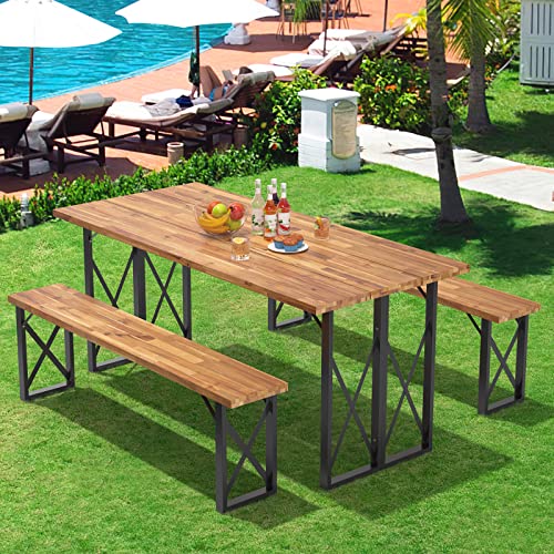 Giantex Outdoor Picnic Table Set With 2 Benches, Acacia Wood Patio Dining Table Set For 6 Or 4 Persons, With 2” Umbrella Hole, 67” Large Rectangular Camping Table For Garden Lawn Yard 800 Lbs Capacity #TOP4