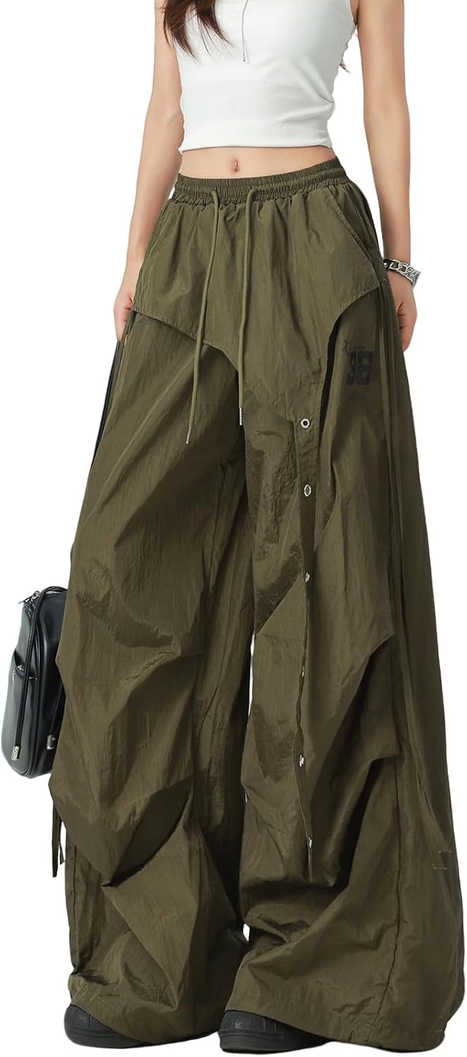 Women's Baggy Cargo Pants Casual High Waisted Wide Leg Drawstring Y2K Parachute Joggers Streetwear with Pockets