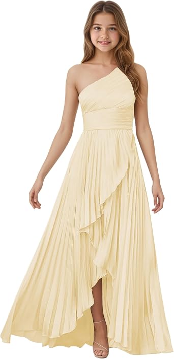 Junior Bridesmaid Dresses Satin One Shoulder Flower Girl Dress High-Low Wedding Girls Formal Party Dress