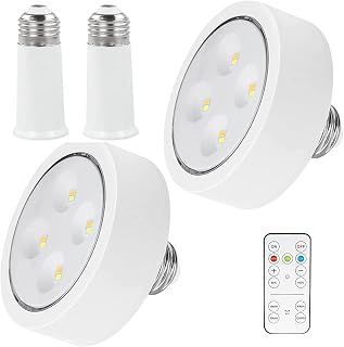 OFFLIY Screw in Puck Lights with Remote, Battery Operated Light Bulbs for Non-Hardwired Light Fixtures, E26 Screw Base, 3000K/4000K/6000K CCT Selectable, Dimmable, 2 Pack, with 2 Adapter Extensions…