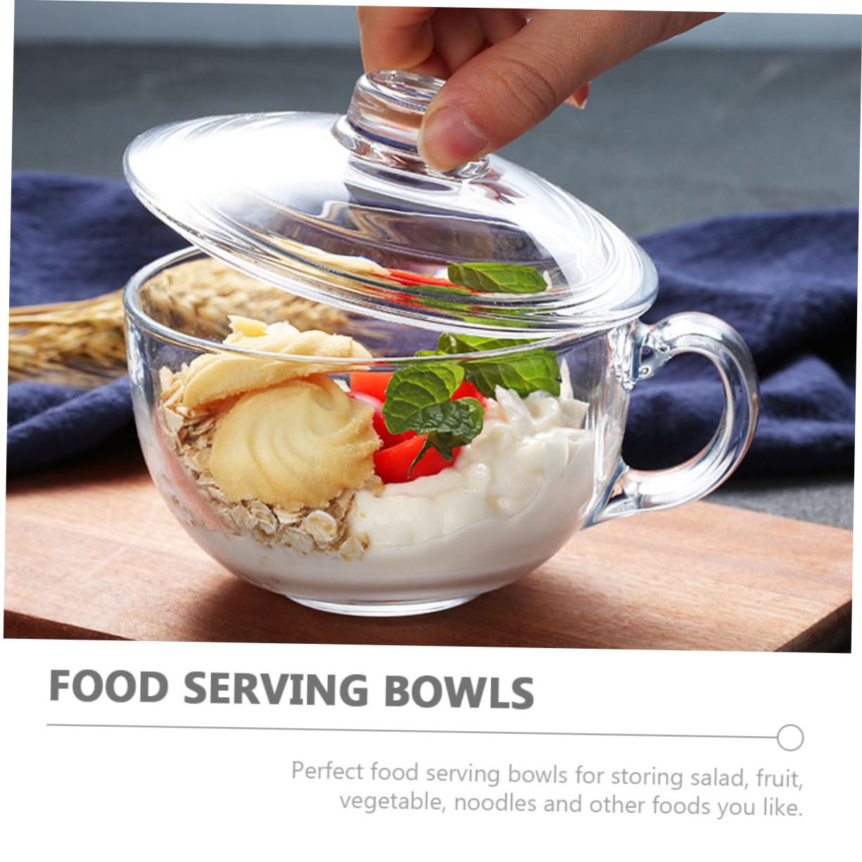 Alipis Tazón de Vidrio Transparente de 600ml con Tapa y Asa para Desayuno o Ensalada, Recipiente Creativo y Funcional para Uso Doméstico