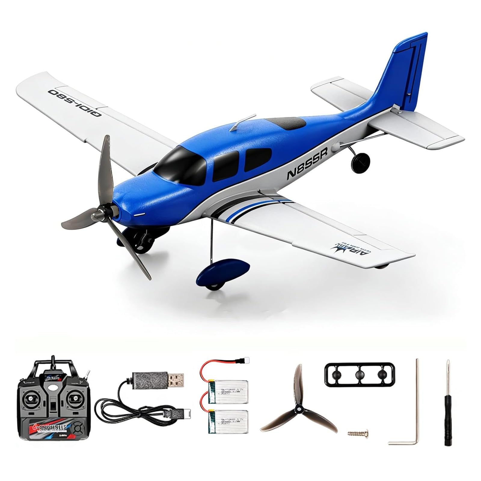 Hylukon RC Airplane, 5CH EPP Foam Remote Control Plane with Brushless Motor, LED Lights, Timer Alert, 2.4G Self Balance​ RC Aircraft Easy to Fly for Beginners Adults (Blue 2 Batteries)