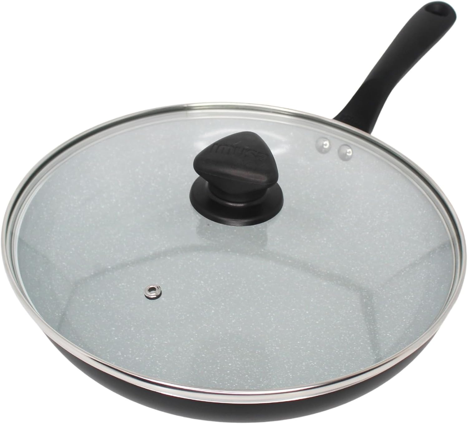 IMUSA 11-Inch Premier Aluminum Fry Pan with Gray Speckled Ceramic Nonstick Coating, Matte Black Exterior, Glass Lid & Cool-Touch Handle, PFAS Free