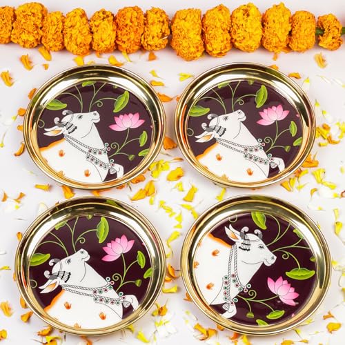 Image of Klassic 6 Inch Brass Pooja Thali, Traditional Auspicious Handcrafted Designed Bhog Plate for Puja Ghar Home Office Mandir Diwali Wedding Return Gift Items (Pack of 4, Golden)