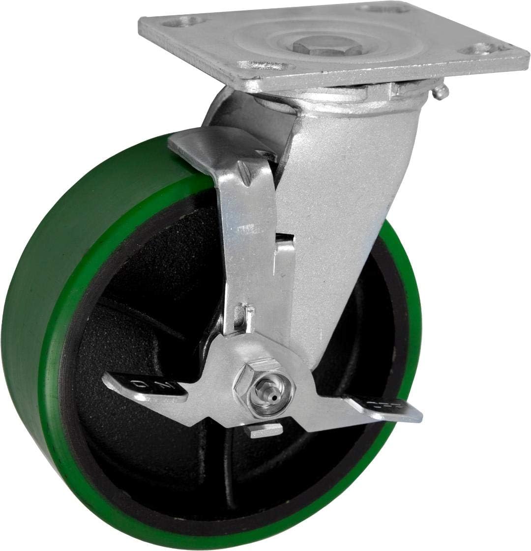 CasterHQ- Medium Duty 8"X 2" Green Polyurethane ON Iron Wheel - Swivel Caster with Brake - 1,250 LBS Capacity