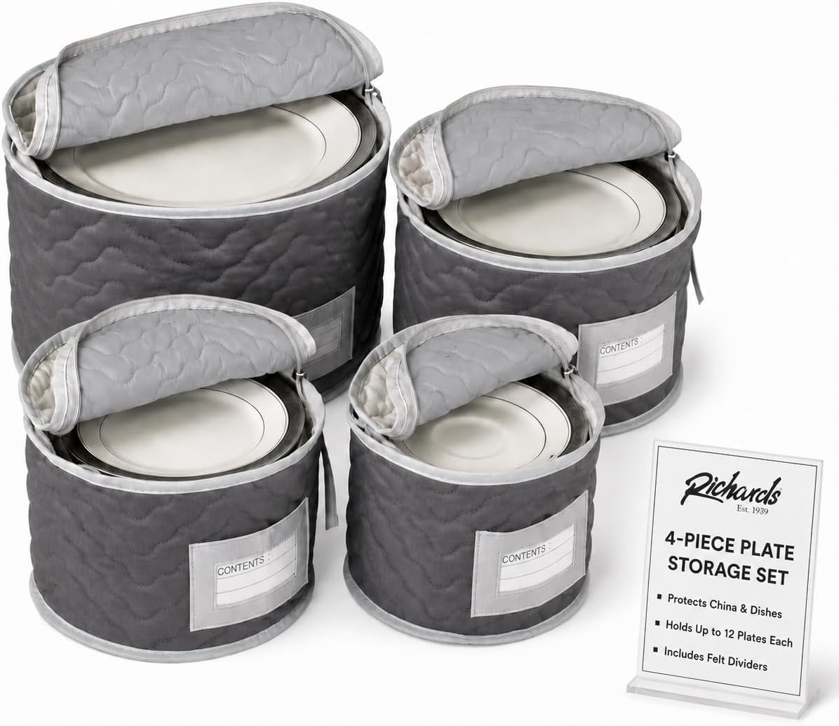 Richards Homewares China Storage Chest, For Starter 4-Piece Set, Quilted Micro Fiber-Gray