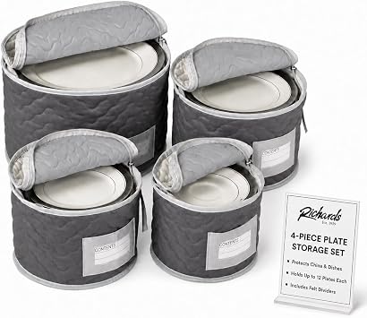 Richards Homewares China Storage Chest, for Starter 4-Piece Set, Quilted Micro Fiber-Gray