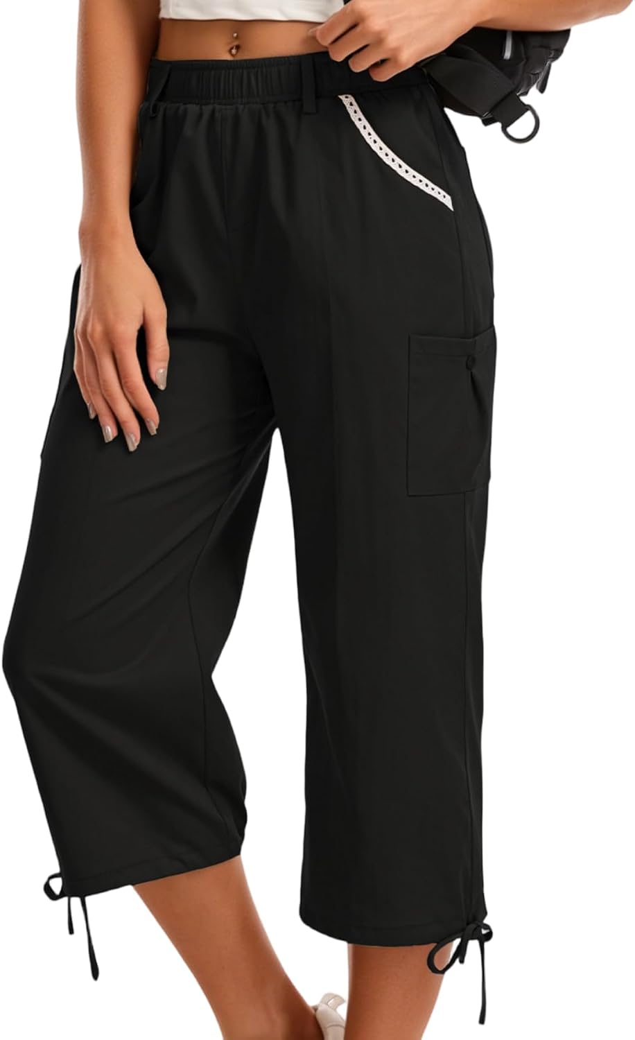 Women's Cargo Capris Pants, Lightweight Travel Hiking Pants, Elastic Waist Adjustable Cuffs, Outdoor Casual Pants