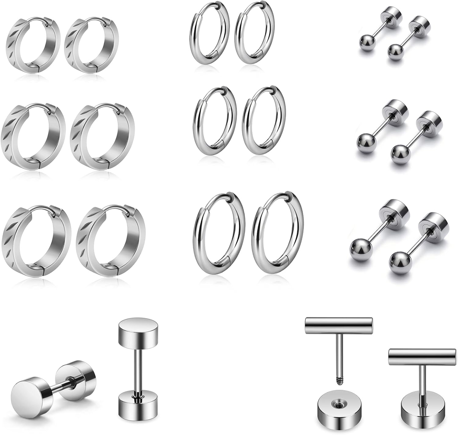 Flat Back Stud Earrings for Men, 11 Pairs 316L Steel Stud Hoop Set
