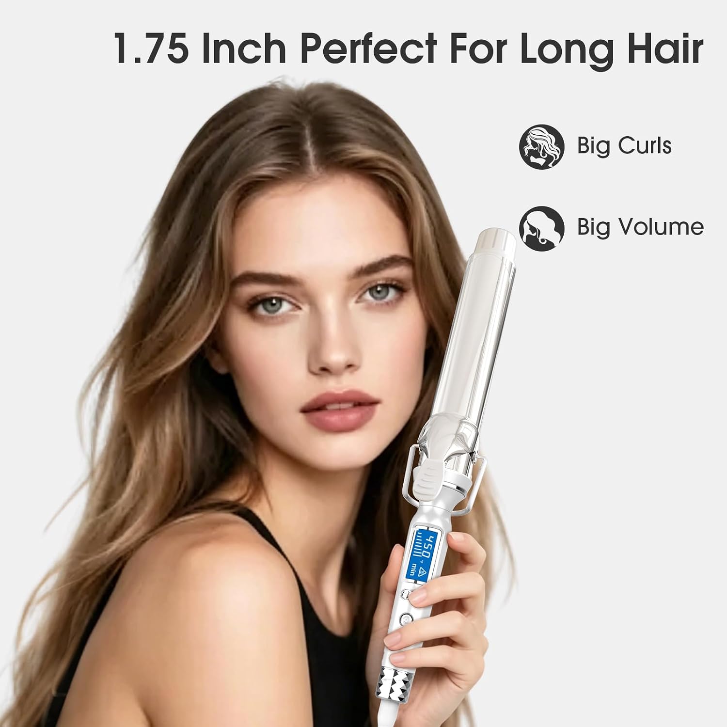 BANGMENG 1 3/4 Inch Curling Iron with Clamp, 1.75 Inch Large Barrel Curling Wand for Long Hair, Tourmaline Ceramic Hair Curler 12 Heat Settings, Dual Voltage
