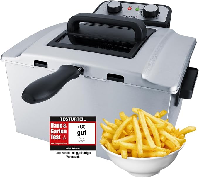 Steba Fritteuse aus Edelstahl DF 300 | 5 Liter für bis zu 1,5 kg | Fritteuse mit Fett, XXL Frittierkorb, 3 Körbe | Deep Fryer für Zuhause, Friteuse mit entnehmbarem Behälter