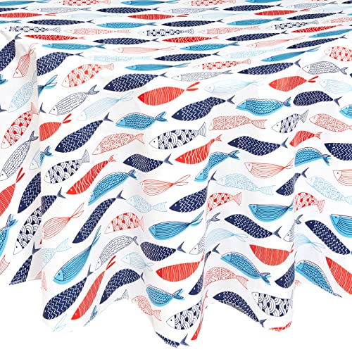 Newbridge Fish School Cape Cod Print Flannel Backed Vinyl Tablecloth, Tropical Fish Vinyl Indoor/Outdoor Waterproof, Patio Kitchen Dining Tablecloth, 52 Inch X 70 Inch Oblong/Rectangle #TOP5