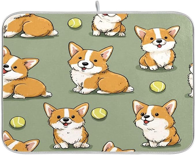 QUGRL Corgis Dogs with Tennis Balls Dish Drying Mat Large Fast Absorbent Tableware Pad Baby Bottle Dish Drainer Mats Heat Resistant for Kitchen Sink Counter Decor 18x24 in