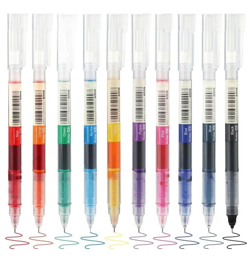 Image of Liquid Ink Rollerball Pens - Set of 10 Multicolor 0.6mm Quick-Dry Fine Tip Pens - Smooth Writing Ballpoint Pens for Journaling, Sketching, Note-Taking & Art