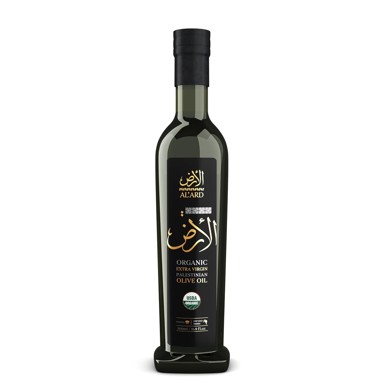 Al'Ard Palestinian Organic Extra Virgin Olive Oil, 500ml Cold Pressed Olive Oil from Palestine, Certified Organic EVOO, 16.9 Fl Oz Premium Glass Bottle