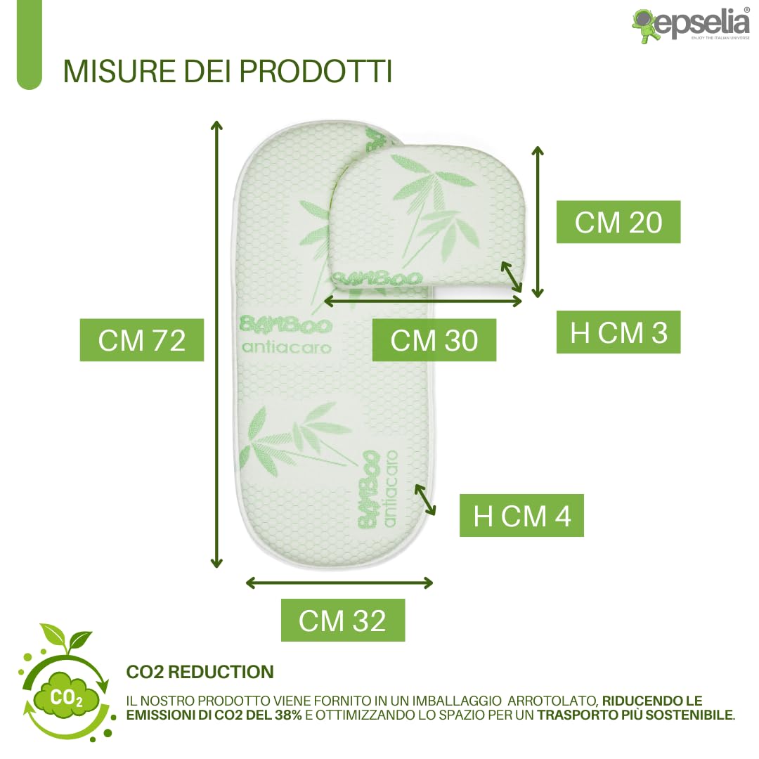 EPSELIA Materassino in Bambù Bio per Carrozzina con Guanciale Antisoffoco EN16890:2017 Certipur Oeko-Tex