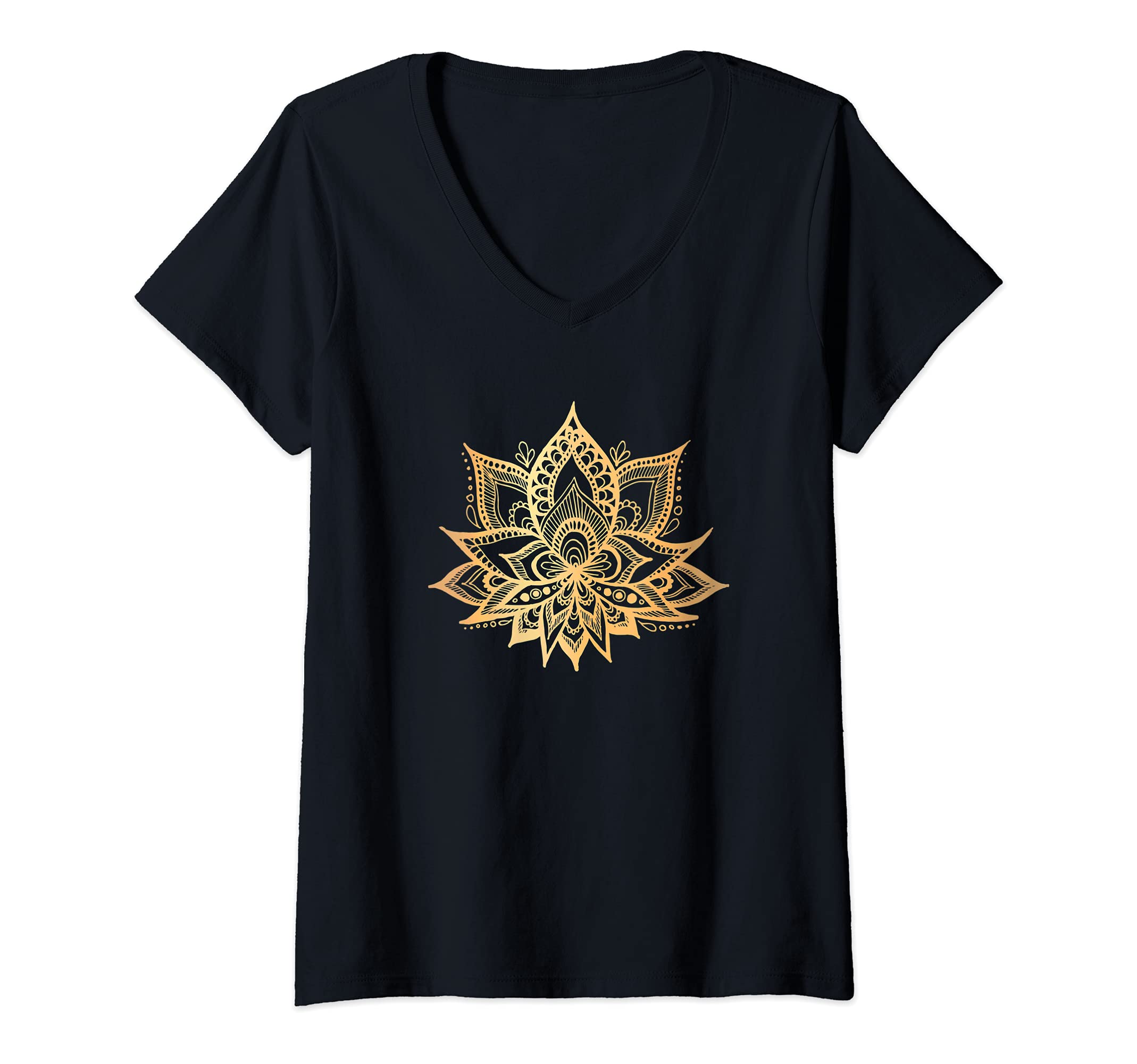 Womens Golden Lotus Flower Yellow Prana Mandala Beautiful Elegant V-Neck T-Shirt