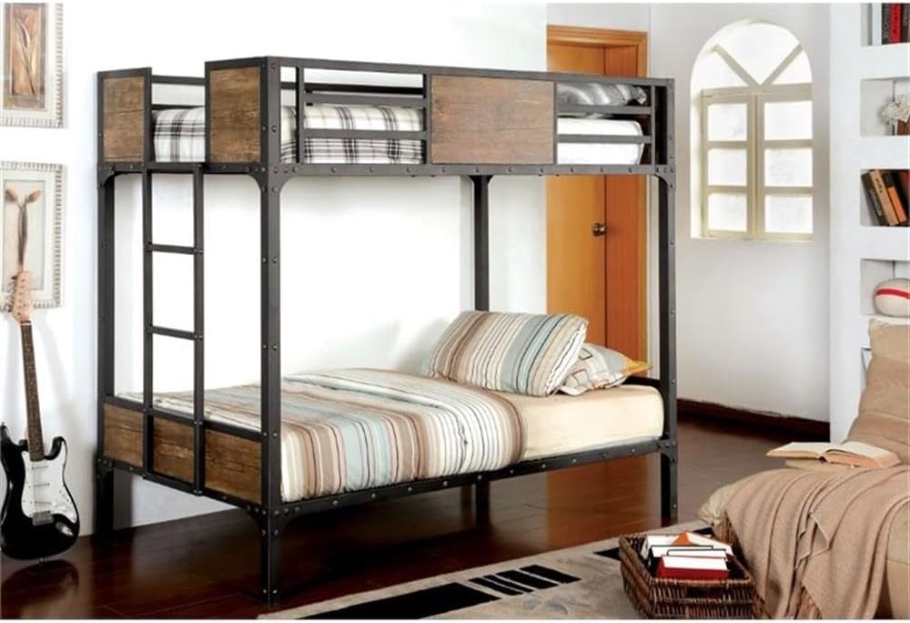 Bowery Hill Modern Steel Metal/Wood Twin Over Twin Bunk Bed, Black Finish, 66.5"H x 78.38"W x 41"D, Attached Ladder, Wood Panel Accents, Top Bunk Safety Railing, Durable Space-Saving Bed for Kids or