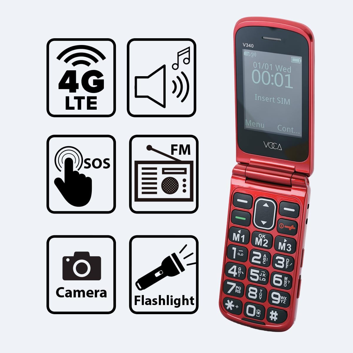 Telefono a conchiglia VOCA con tasti grandi per anziani | 4G LTE sbloccato | Volume alto | Tasto SOS | Chiamata rapida | Testo predittivo | Base di ricarica | V340 (Rosso)