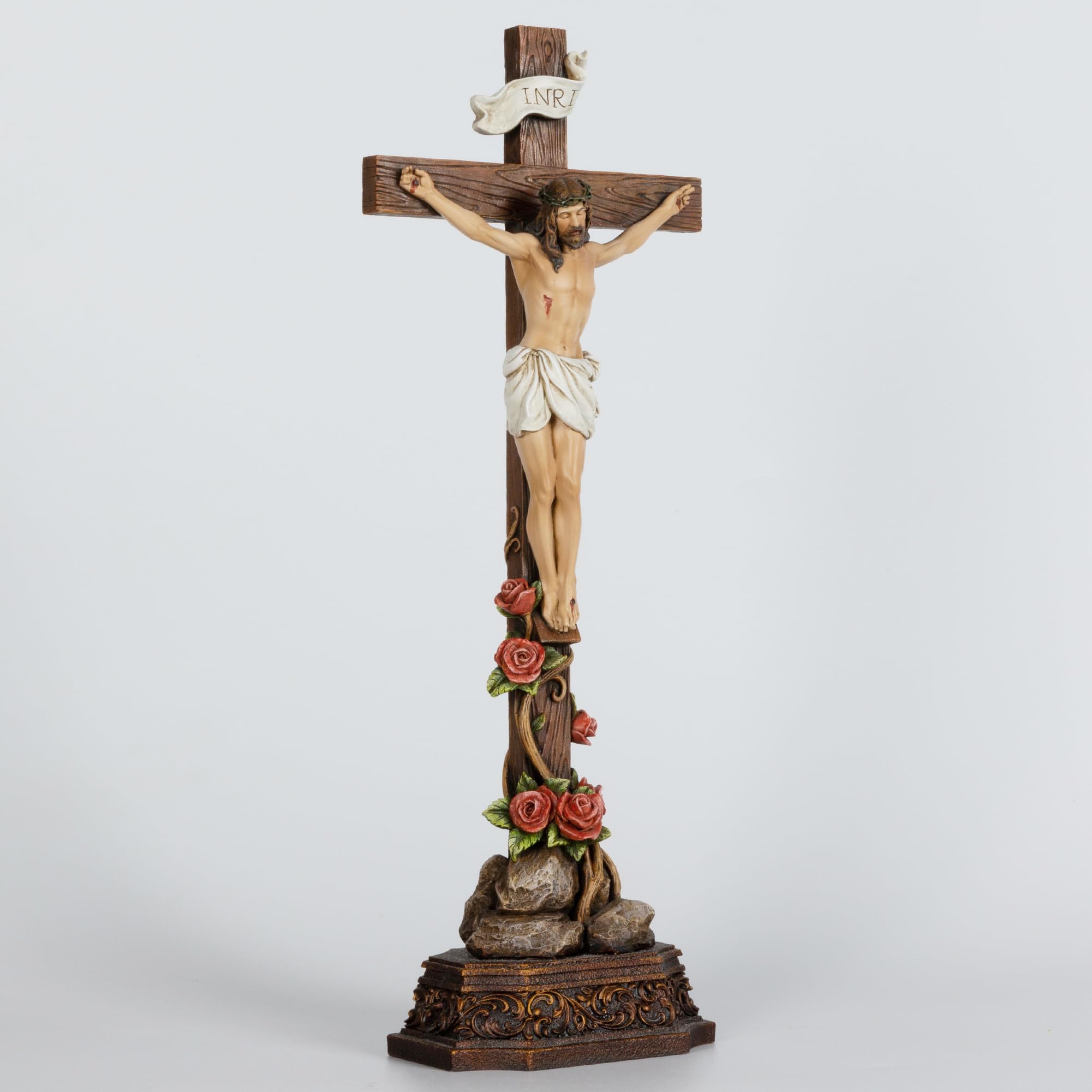 Grace4Joy Stehendes Kruzifix, katholisch, 36,7 cm, Kreuz: Jesus Christus, Tischstehendes Kreuz mit Rosenverzierung, handbemalt, Heim-Altar-Dekor