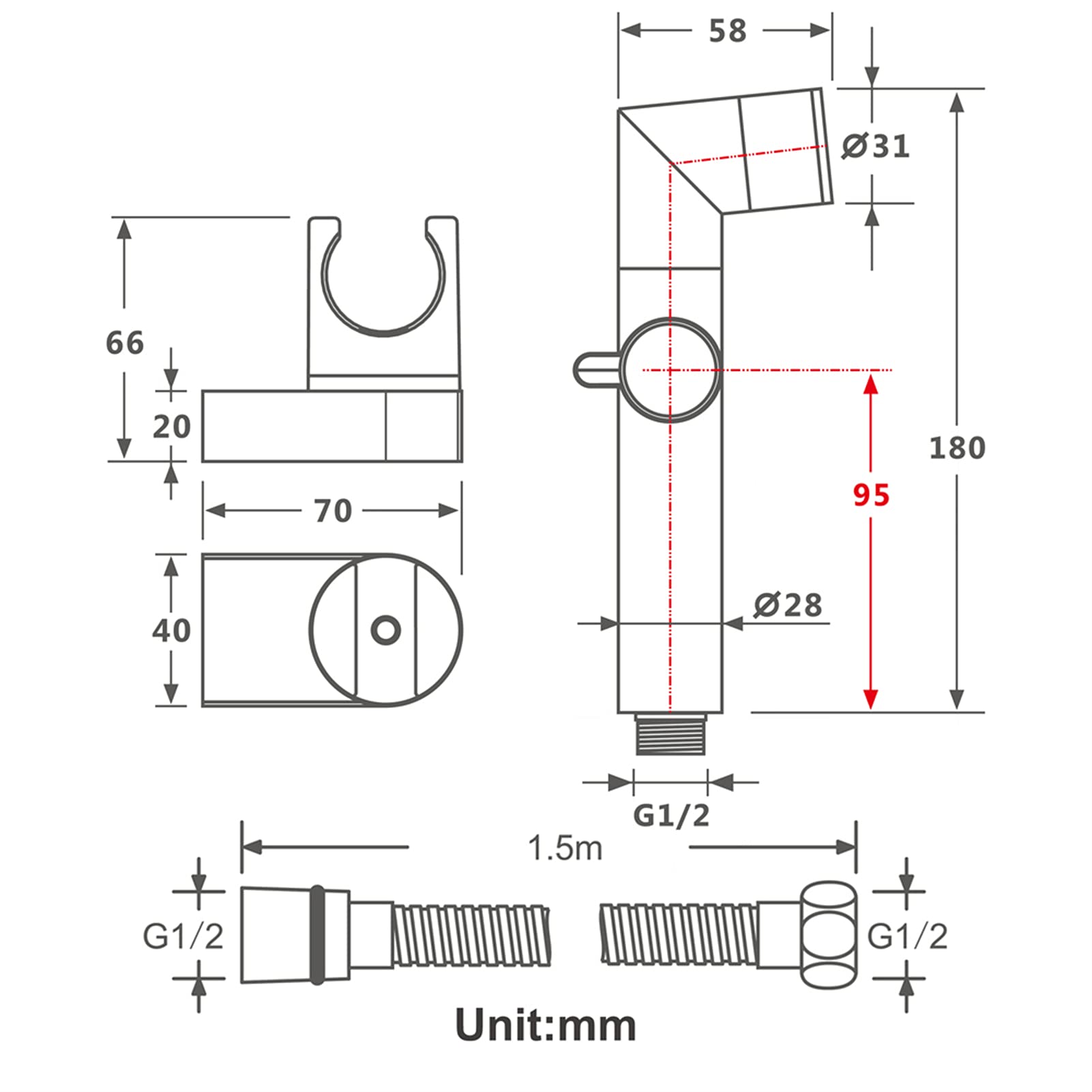 Bidet spruzzatore per WC, Set di spruzzatori per Bidet Portatili in Acciaio Inox con Tubo Flessibile, Facile da installare, Perfetto per l'igiene Personale, Nero con valvola angolare