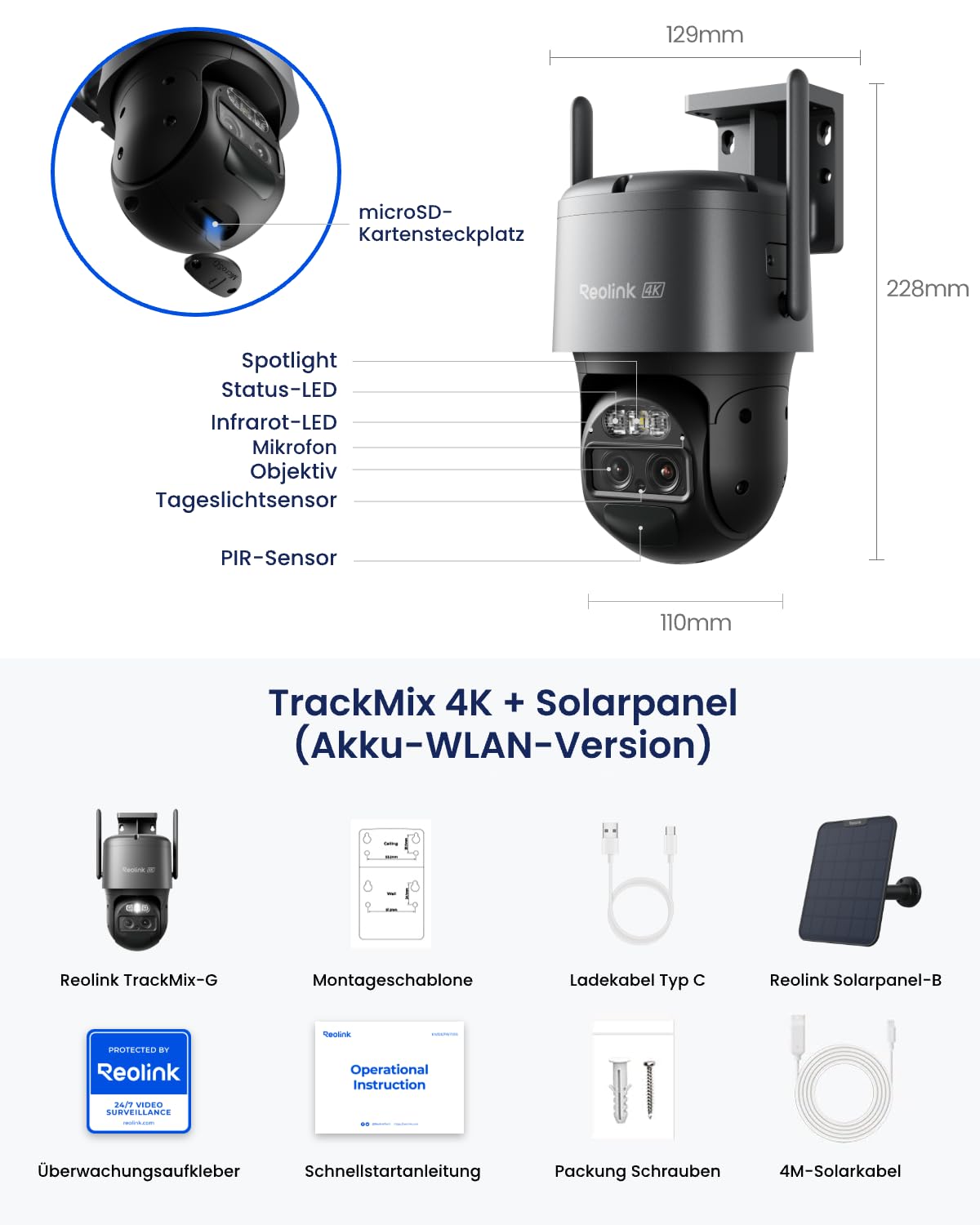 Reolink 4K PTZ Überwachungskamera Aussen Akku mit Auto-Tracking & Auto-Zoom | Dual Lens, Dual-Band WiFi 6, 30m Farbnachtsicht, KI-Erkennung, PTZ, 8MP Solar WLAN Kamera Outdoor, TrackMix Grau+Solarpanel