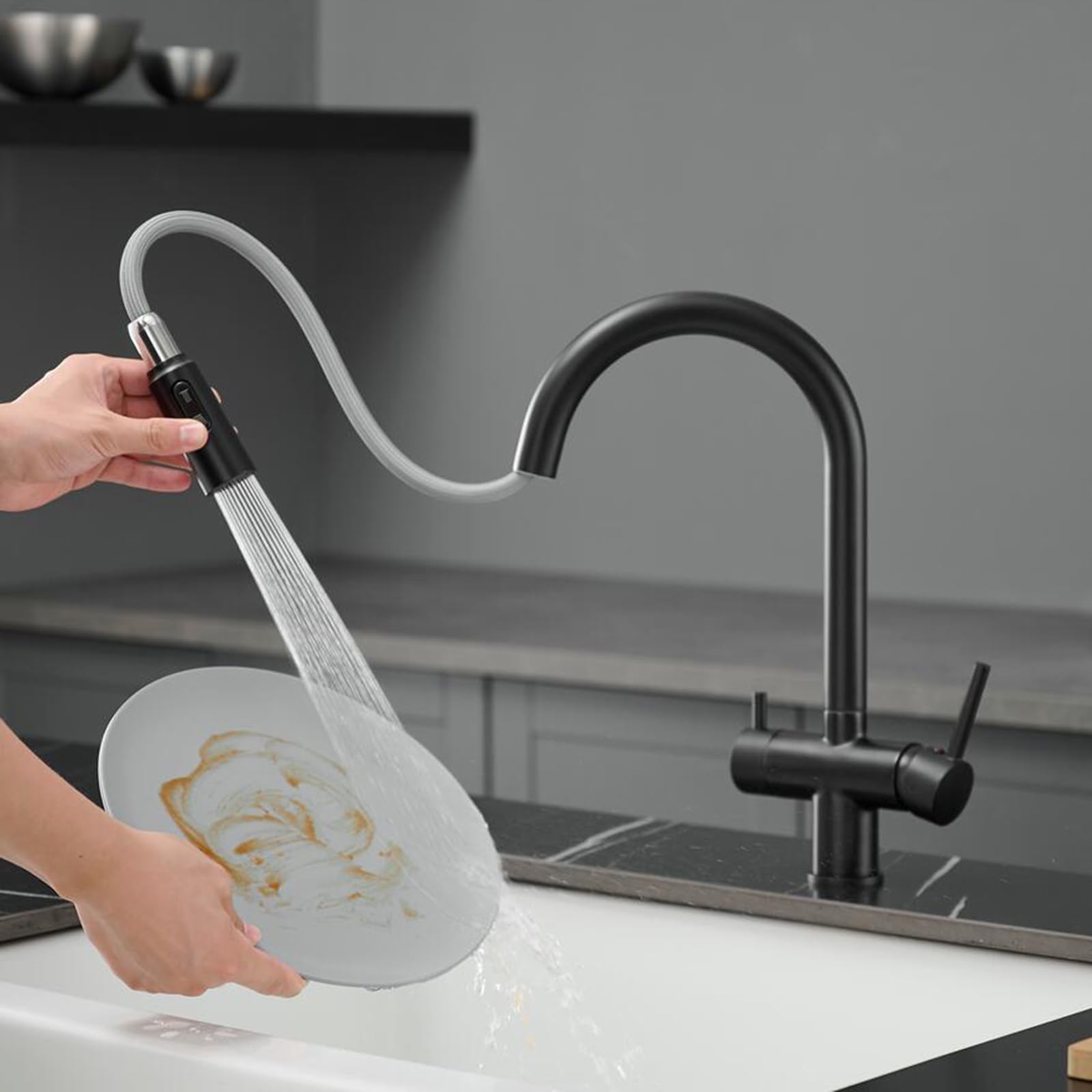 Grifo de Cocina Osmosis 3 Vias Extraible Latón 2 Manijas Grifo 3 Vias Osmosis Giratorio Orificio Único-Negro