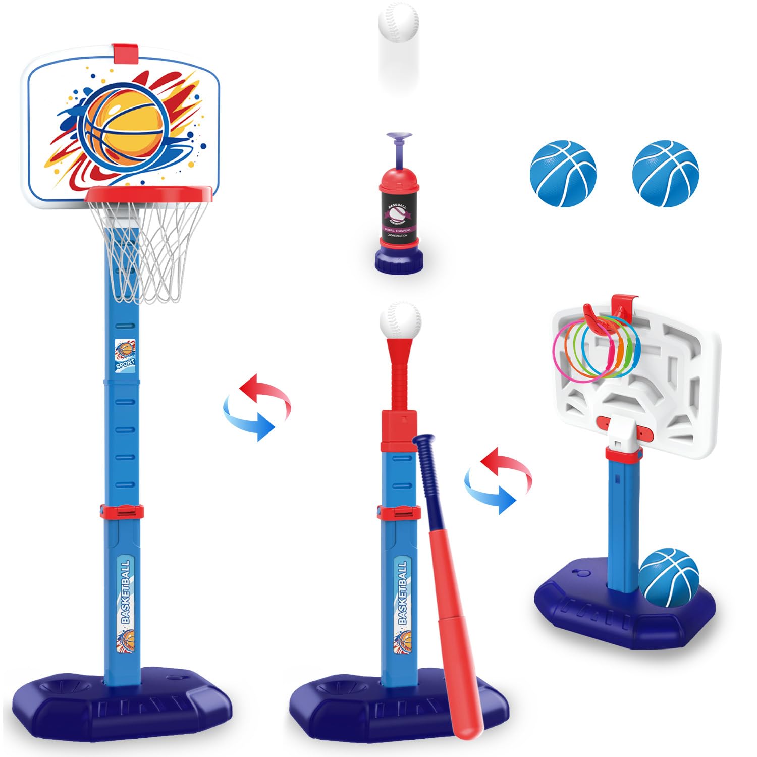 5-in-1 Kids Basketball Hoop T Ball Set Ring Toss Game, 2.5-4.6ft Adjustable 10 Heights Pool Basketball Hoop Set Tee Ball Stand & Launcher Indoor/Outdoor Sport Toys for Kids 3-5 5-8 Blue