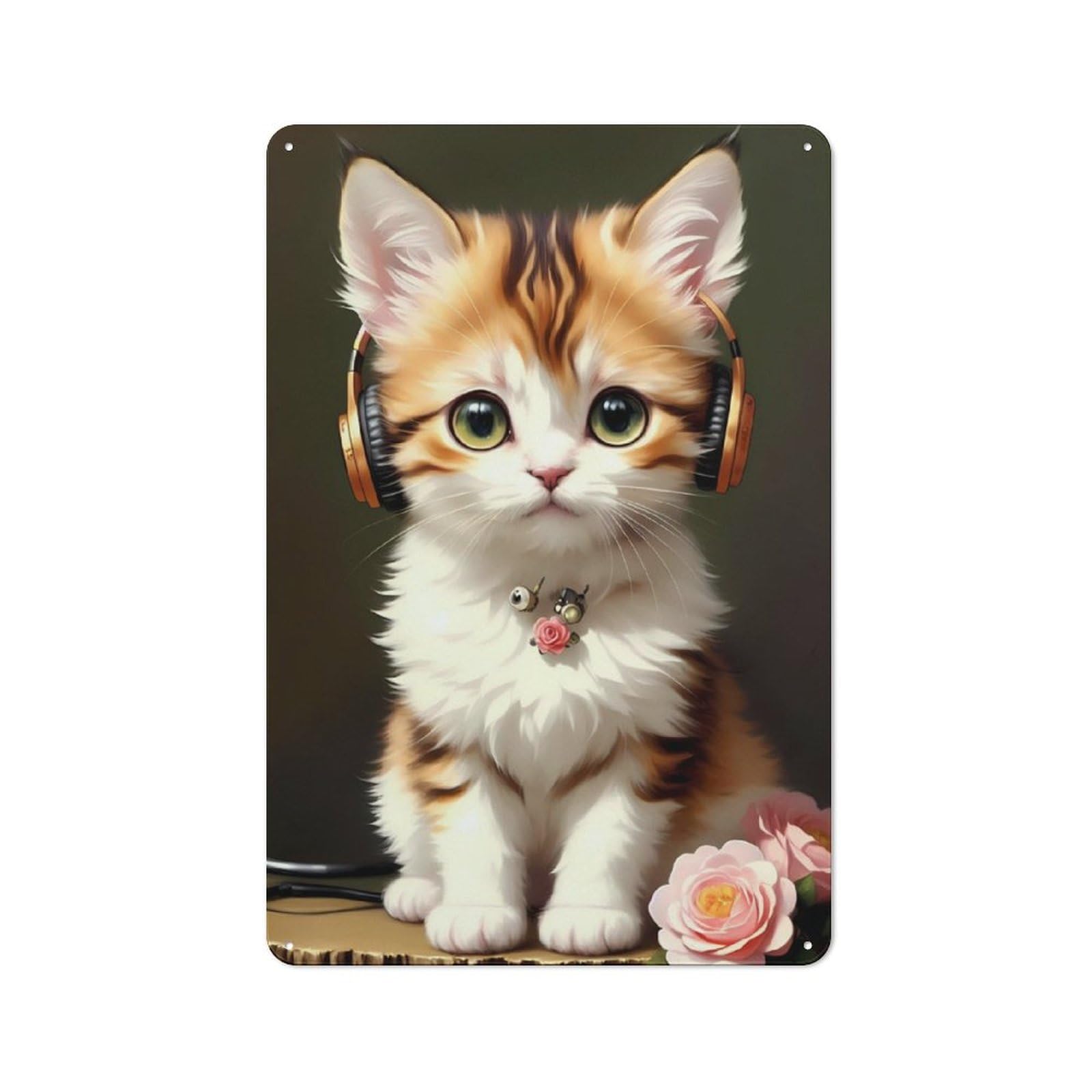 Junmoney Kitten With Headphones Tin Wall Plaque 30X20cm With For Home Office Or Studio, Gift Idea At Christmas For Creative Workspace Decorators