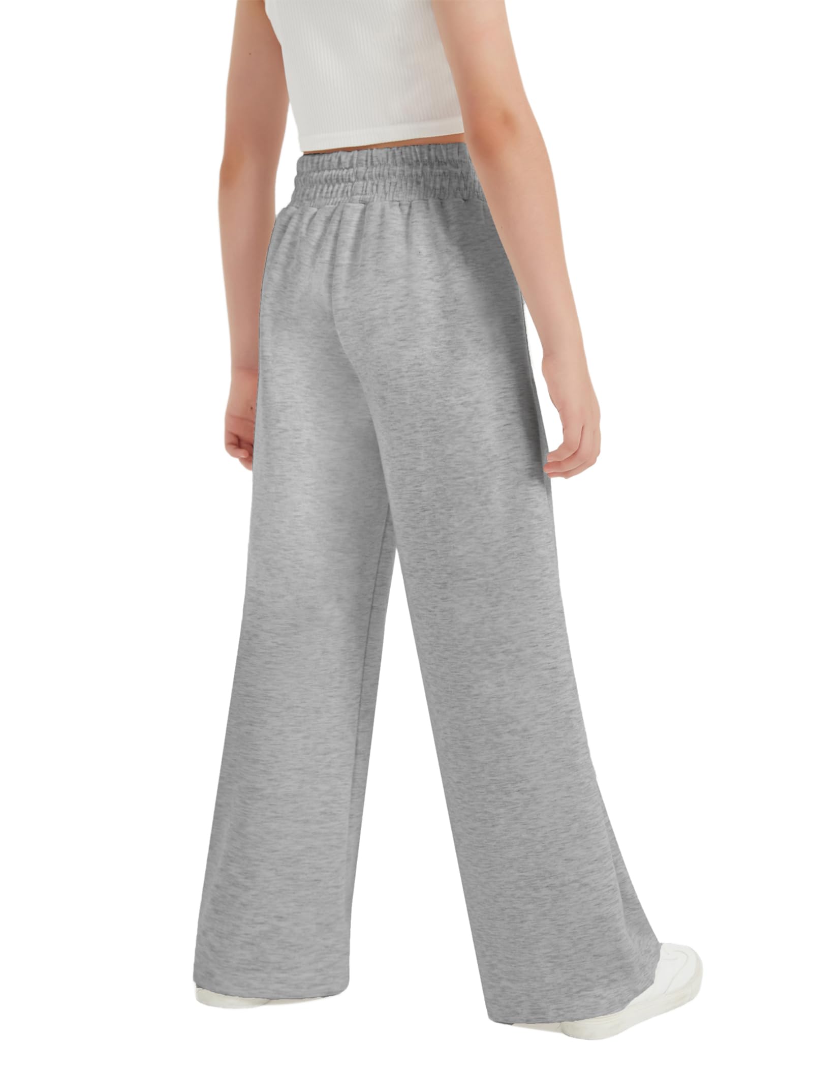 EXARUS Pantalones deportivos para niñas con costura frontal, cordón de ajuste, cintura alta, pierna ancha, holgados, casuales, cintura alta, 6-14 años