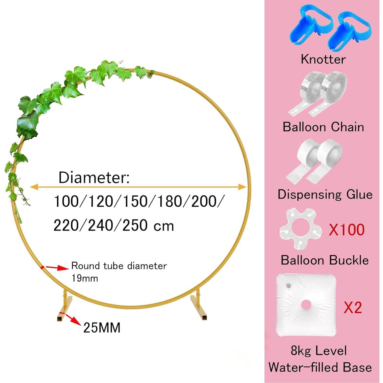 HJXGQJM Rundes Ballonbogen-Set, Hochzeit Bogen Hochzeitsbogen Hintergrund Ständer, Metall Luftballon Bogen Kit, Deko Rahmen Traubogen Hintergrund Ständer Für Party Events (Gold)(White,200cm)