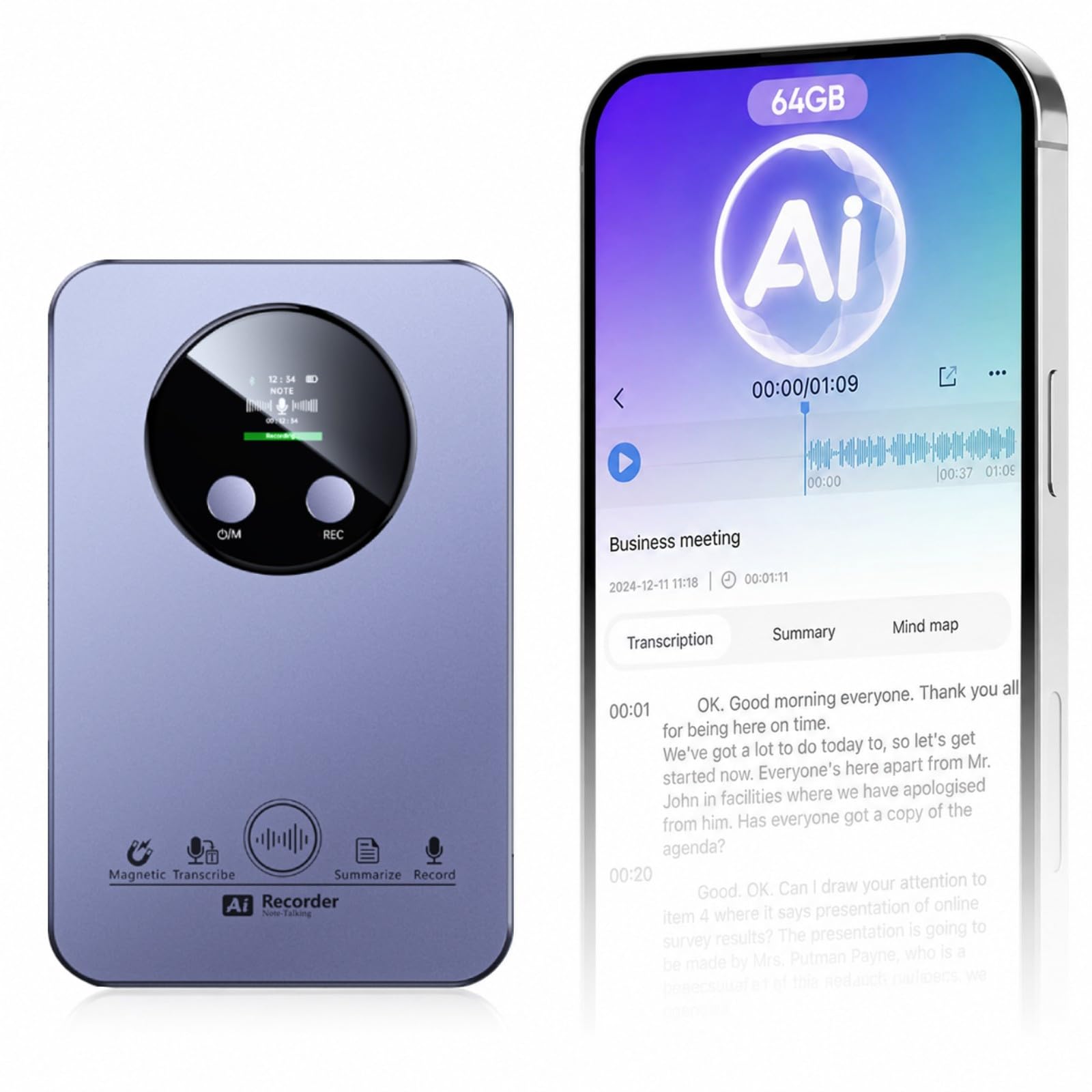 ORDRO AI Voice Recorder, Transcription Summaries and Mind-Map for Meeting