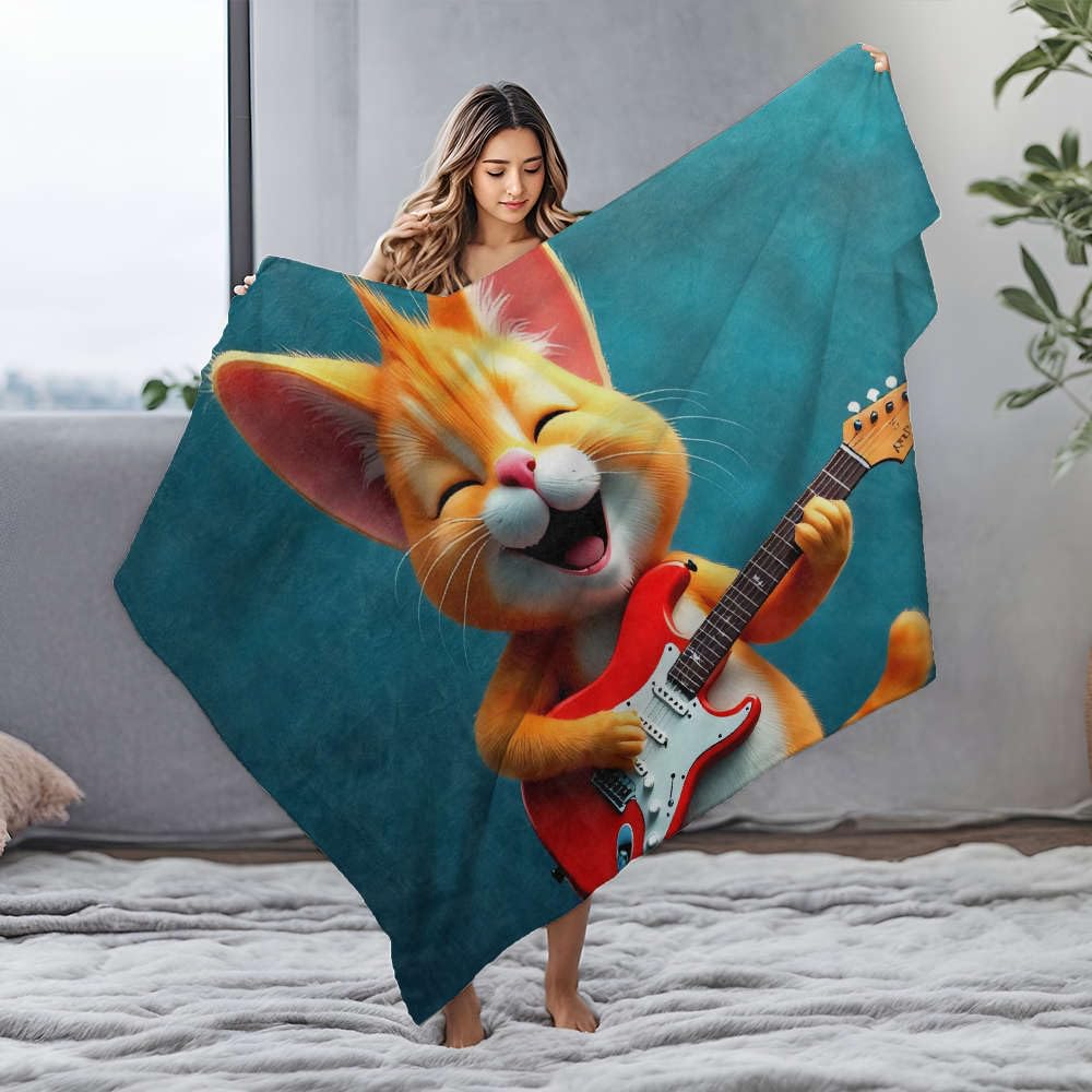 Couverture bébé chat guitare en flanelle thermique et anti-bouloche