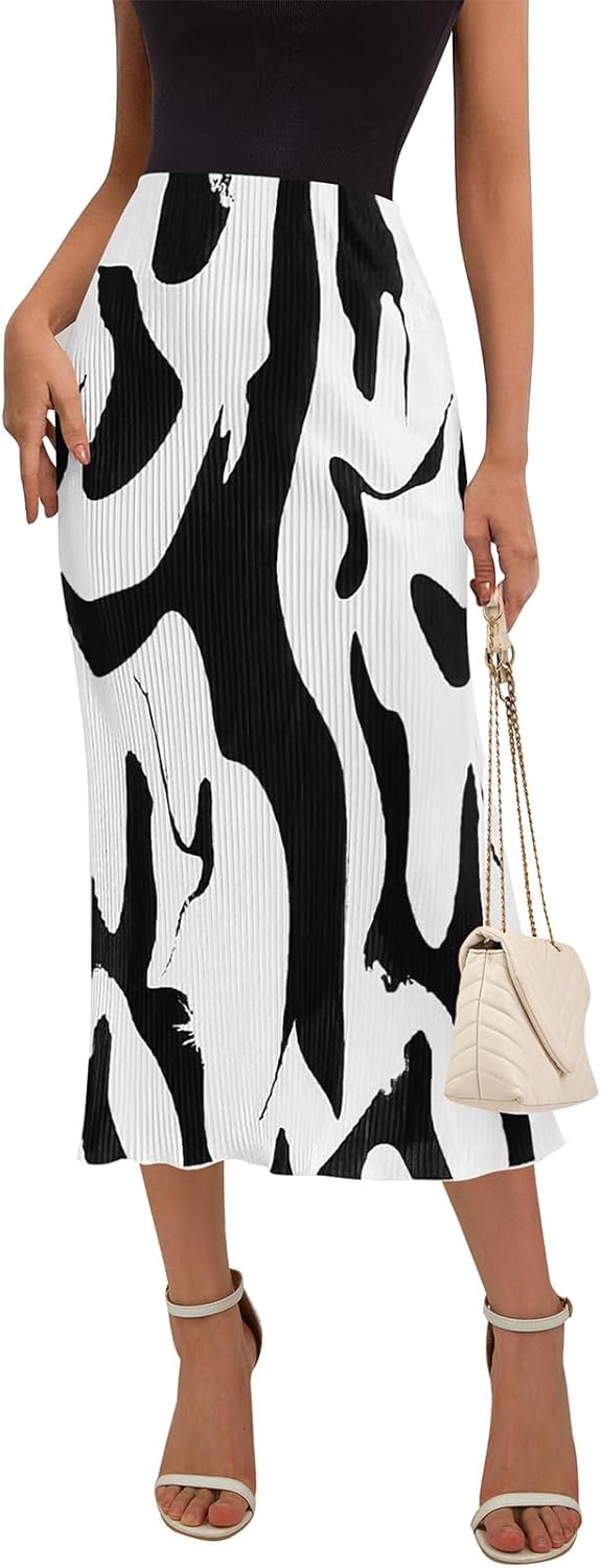 PRETTYGARDEN Women's 2024 Summer High Waist Graphic Print A Line Pleated Long Skirts for Women Trendy Plisse Midi Skirt Medium Black on White
