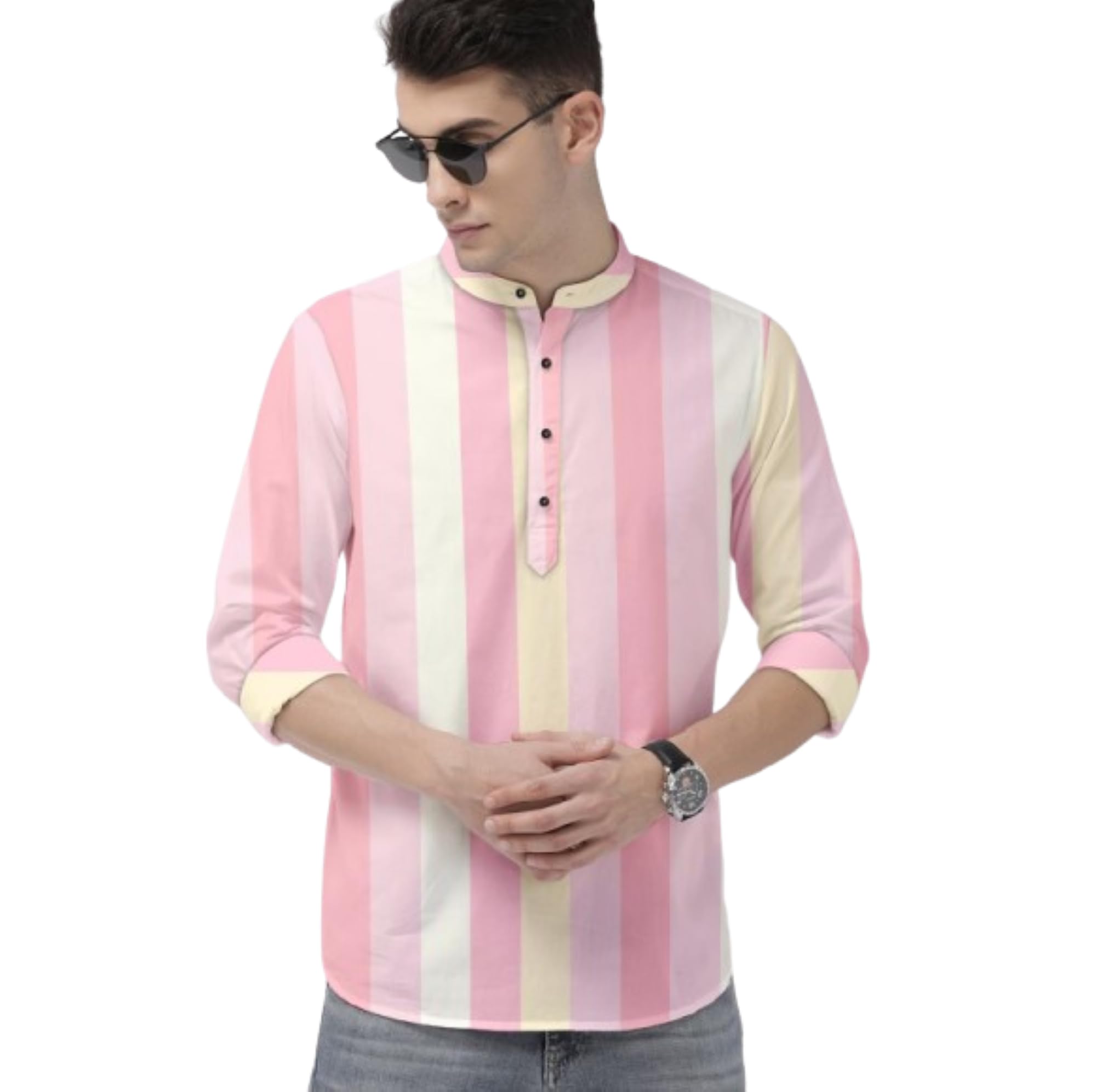 Men's Regular Fit Cotton Blend Striped Short Kurta | Full Sleeve Mandarin Collar Pastel Pink Color-Block Casual Shirt-picture-52