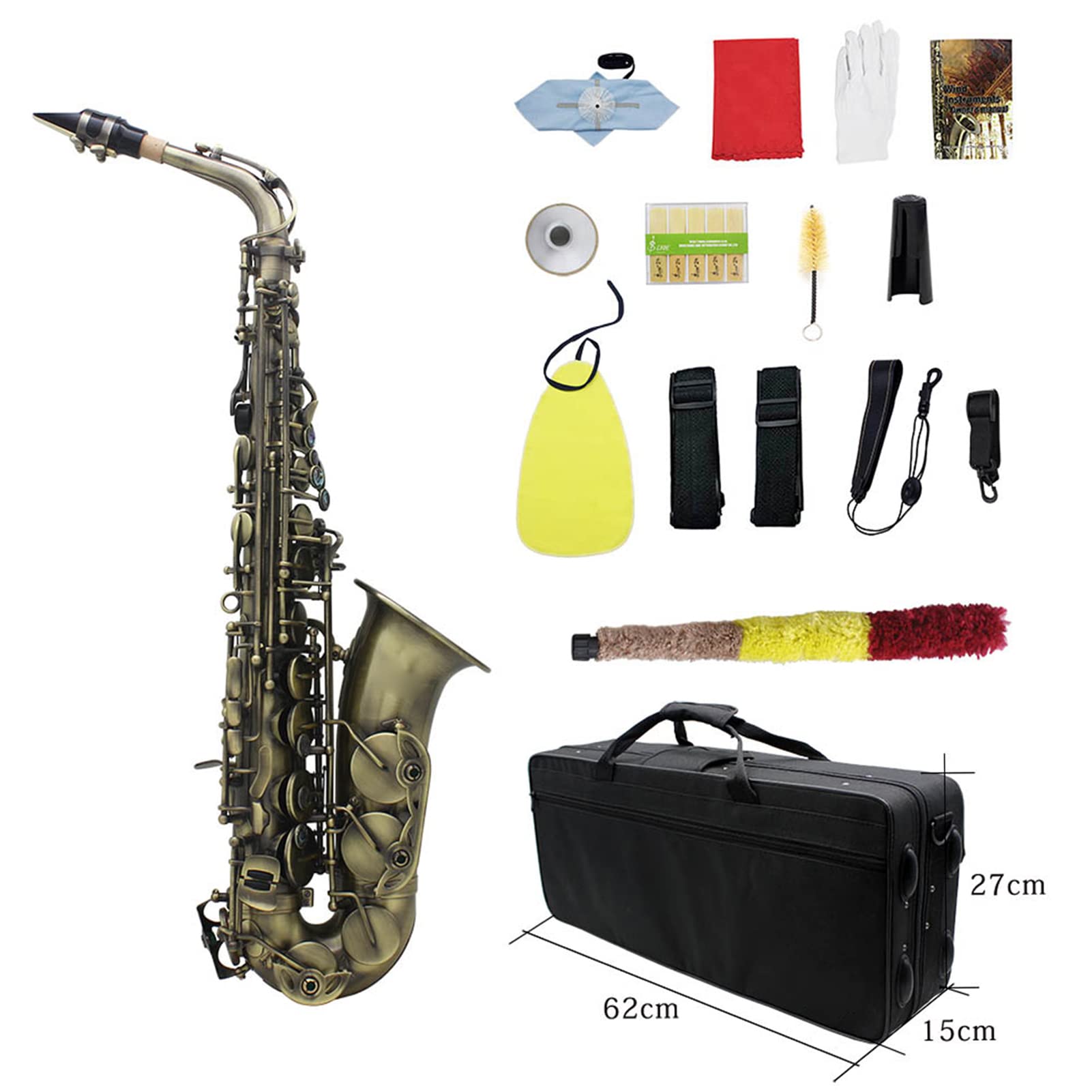 HUIOP Alto grado di finitura anticata Eb Ebastella sassofono contralto Sax Abalone Shell chiave intagliare modello con custodia Guanti Panno di pulizia cinghie Spazzola,Alto Saxophone