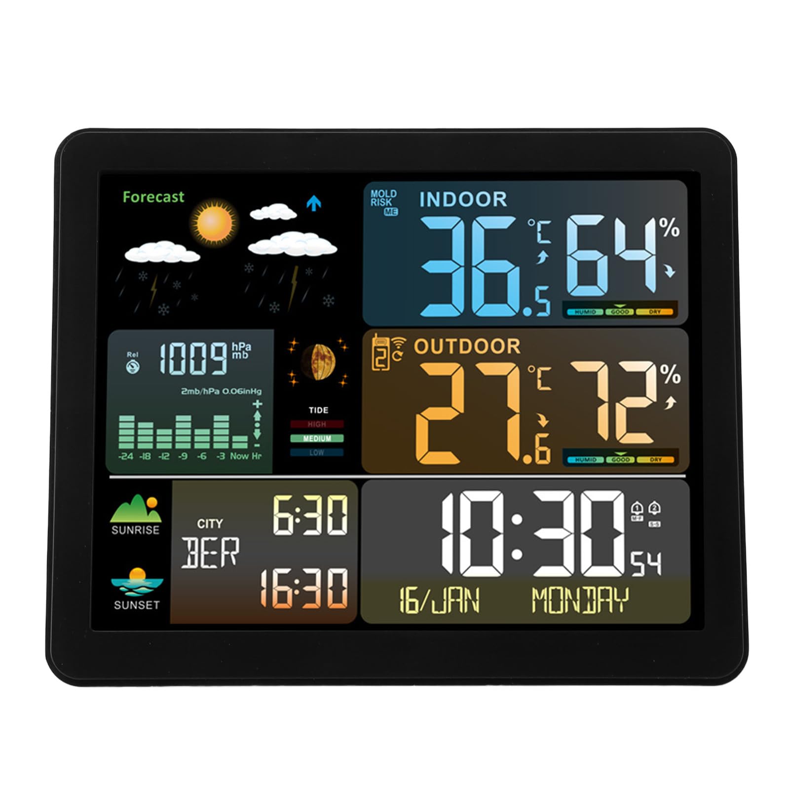 lyrlody Estación Meteorológica [Brand] Termómetro Interior Exterior Reloj Meteorológico Digital Termómetro Atómico Presión Barométrica Tendencia 24 Horas con Alarma Pronóstico para Salón