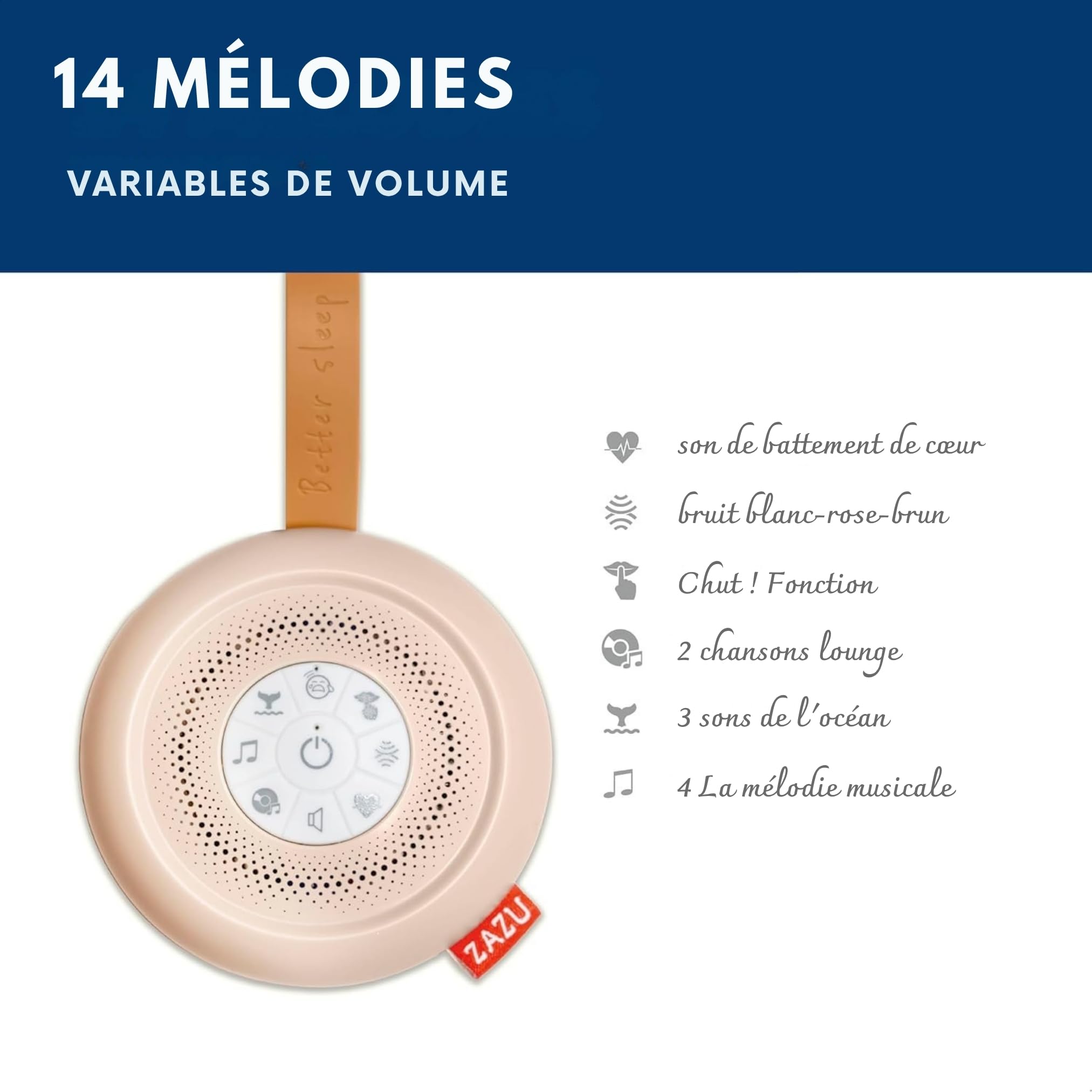 ZAZU Suzy Deluxe – Machine à Bruit Blanc Bébé Rechargeable | 14 Sons Apaisants | Capteur de Pleurs | Minuteur 20 Min | USB-C | Portable | Autonomie 100h