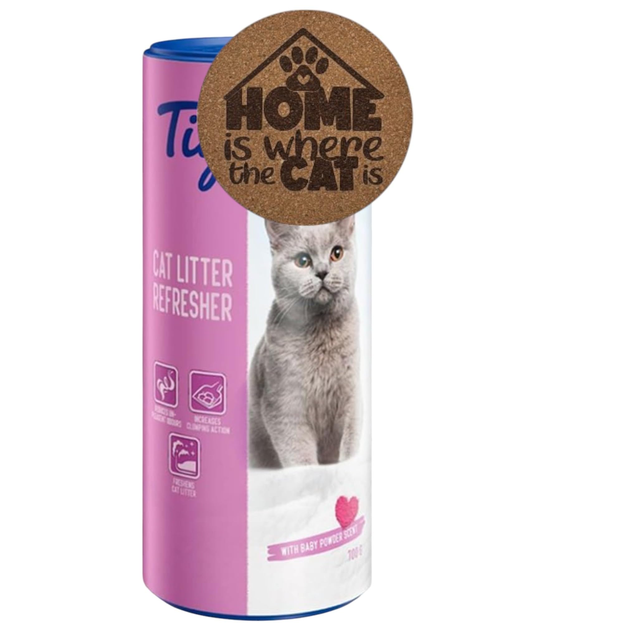 AETN Creations Litter Refresher Bundle - Tigerino Natural Clay Deodorant (Baby Powder Scent) 700g with AETN Cat Coaster