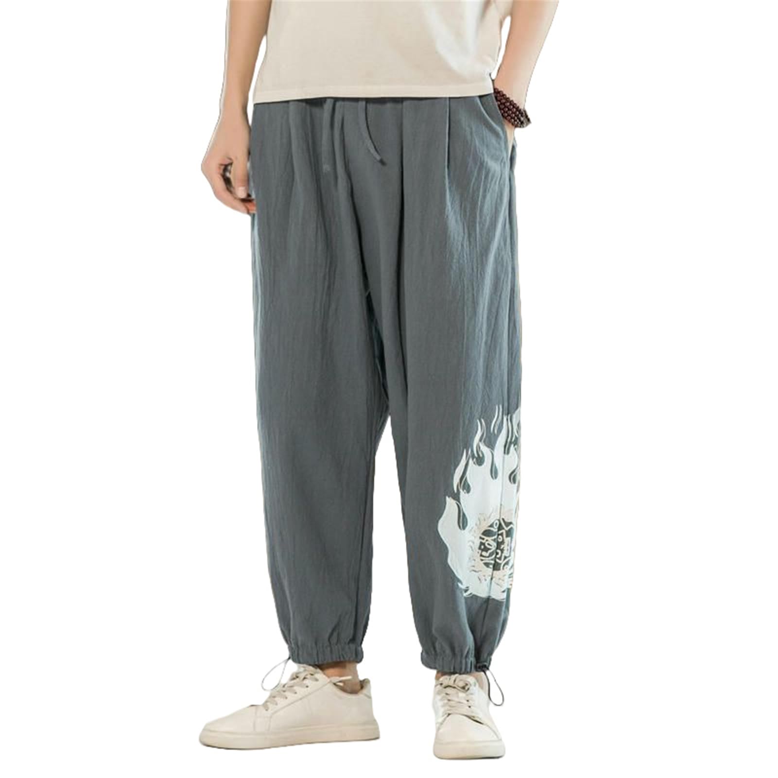Pantaloni lunghi da uomo Estate Stile Cinese Cotone Lino Busta Casual Gamba larga a nove punti