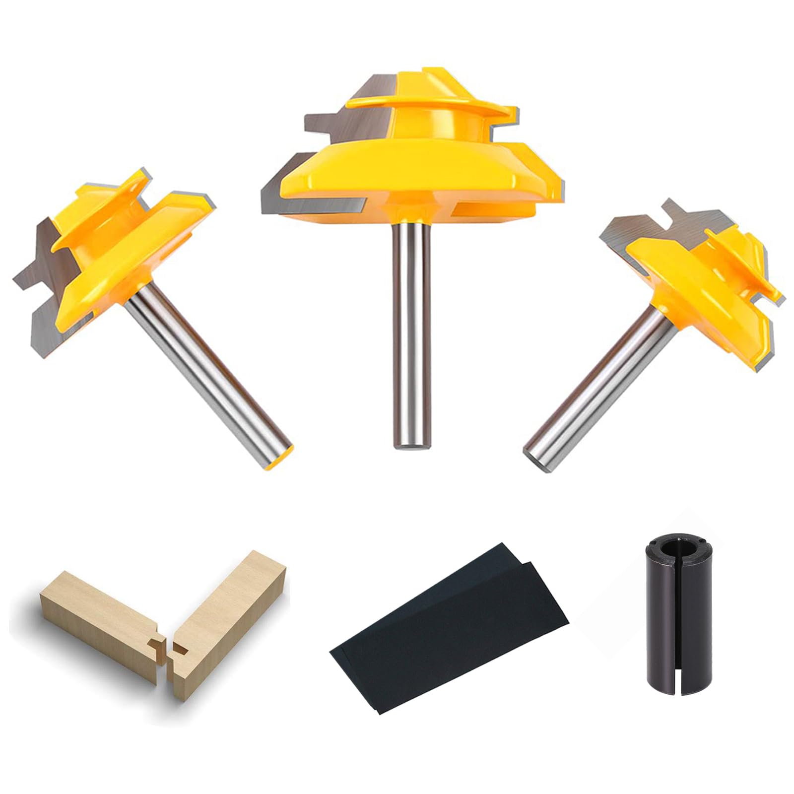 45 Degree Lock Miter Router Bit 1/4 Inch Shank, with Router Collet Reduction Sleeve Tool and Sander Paper for Woodworking, 1/2”, 5/8”, 3/4” Cutting Height