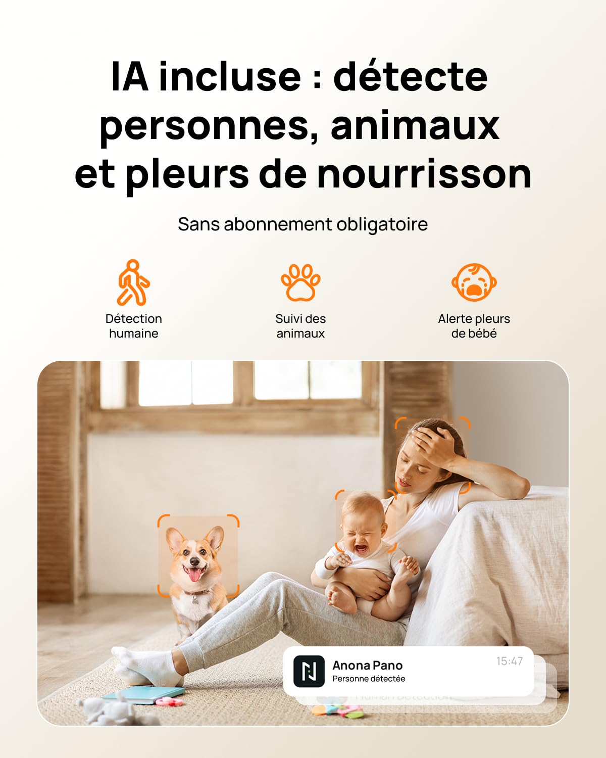 Anona 4K(8MP) Caméra Surveillance WiFi Intérieur, 360° Suivi Auto, Sécurité Bébé/Chien/Animaux avec App, WiFi 6 Bi-Bande 2,4/5GHz, Détection IA Humaine/Pleurs, Mode Privé, Audio 2-Voies, Lot de 1