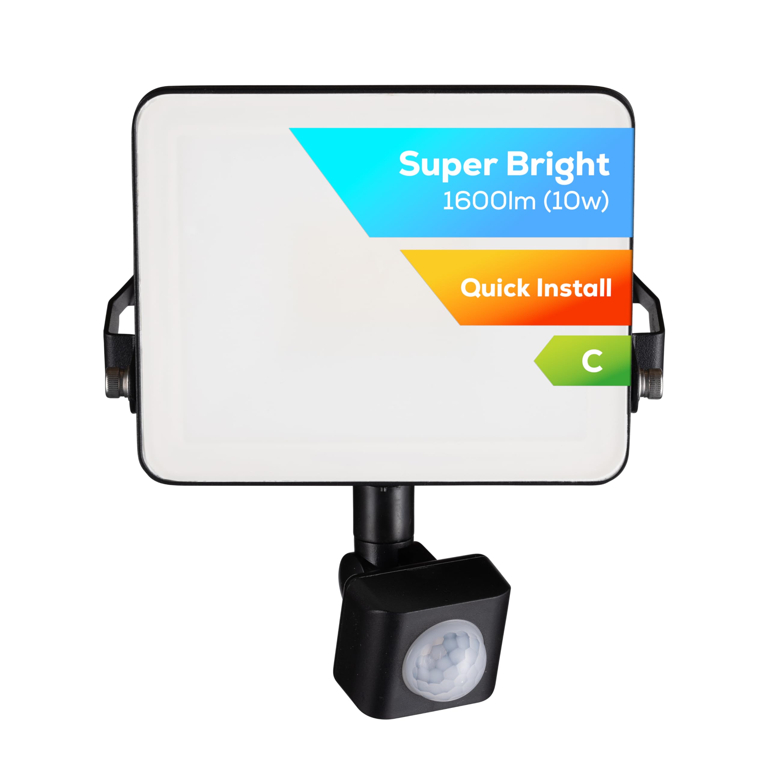 TCP 10W LED Security Floodlight w PIR Sensor, Outdoor, Bright 1600lm, Cool White 4000K, IP44 Waterproof, Easy Install Long Adjustable Bracket, Easy Push Connector, Enery Class C, No Plug Garage Garden