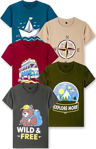 T2F Boys Cotton Regular fit T-Shirts Pack of 5 |Soft Cotton Breathable Fabric | Half Sleeve Round Neck | Casual Wear Combo...