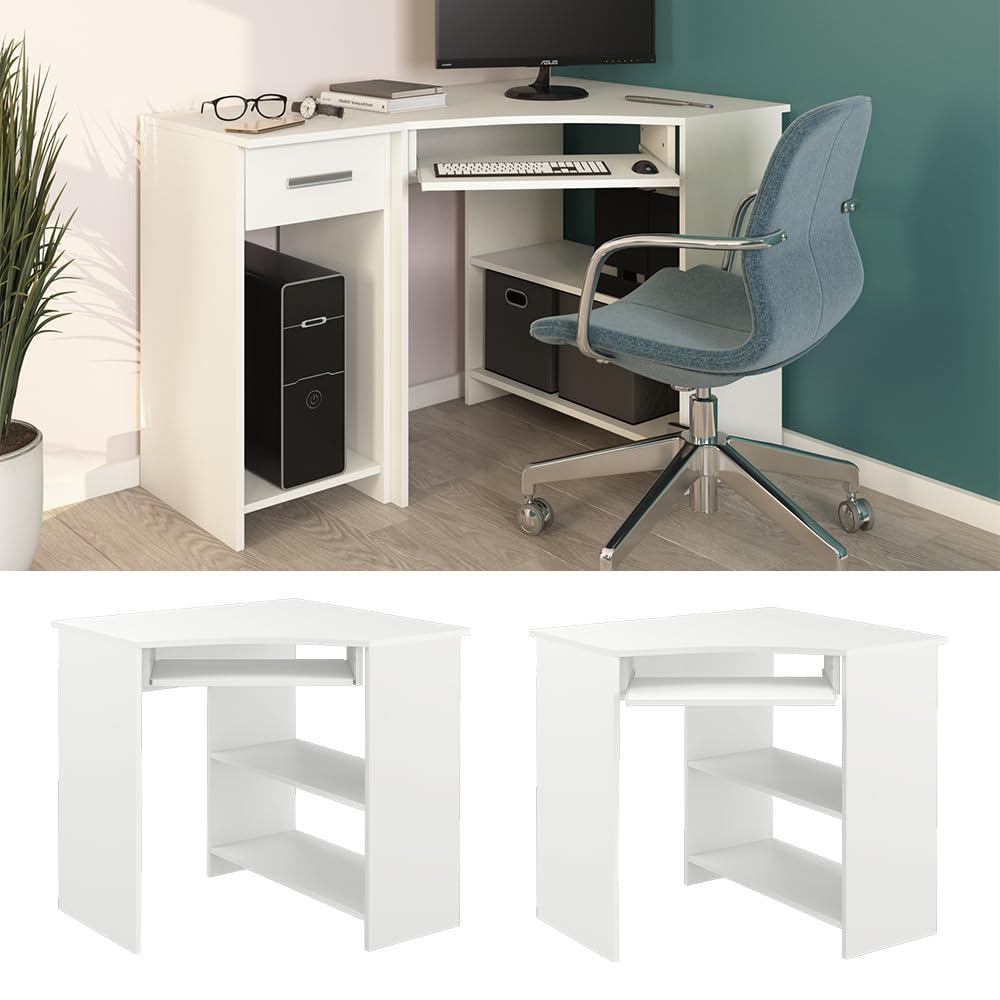 Vicco Scrivania angolare Odin, Bianco, 83 x 76 cm | con ripiano estraibile per tastiera e superfici di appoggio
