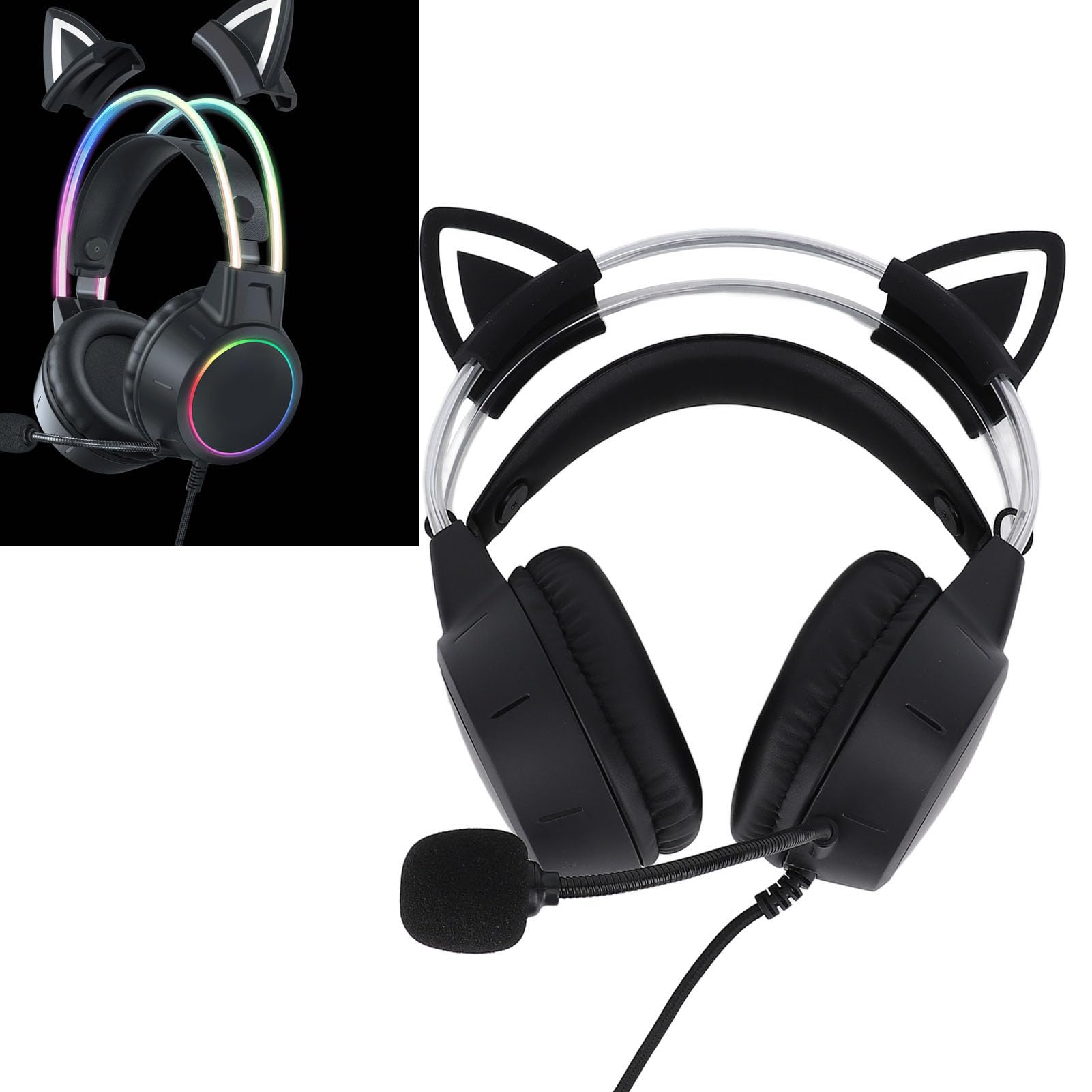 Casque de Jeu à Oreilles de Chat, éclairage RGB, Arceau Réglable, Haut-parleurs de 50 Mm, Coussinets Doux à Isolation Phonique, avec Micro, pour PC, Ordinateur Portable et Switch