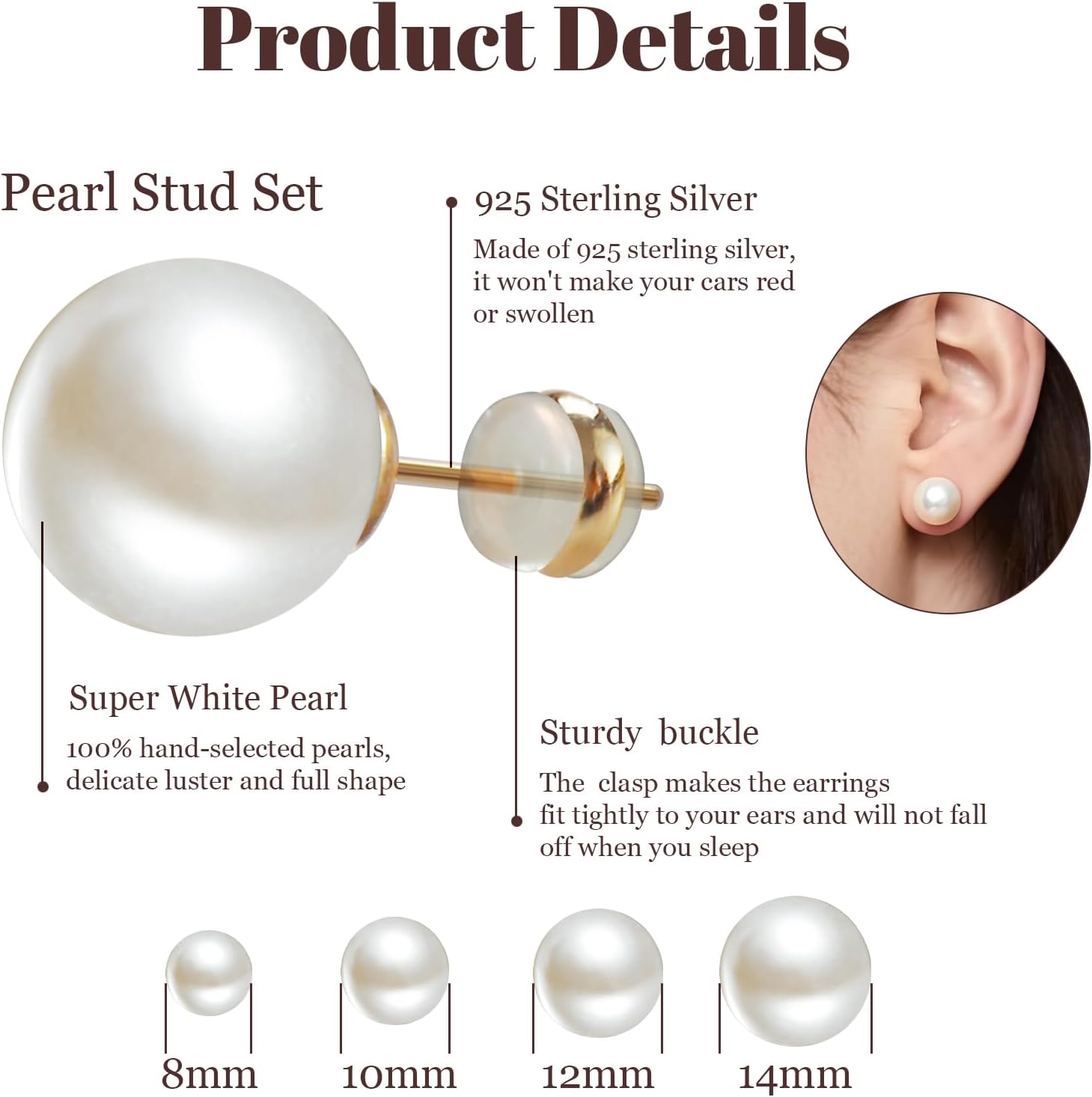 4 Pairs Pearl Stud Earrings 14K Plated Gold Sterling Silver Hypoallergenic Earring stud Large size pearl 8mm-14mm Set Earrings for women - Image 2