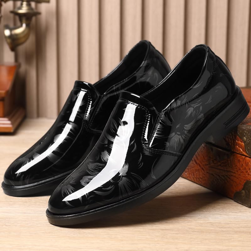Shoes Dress Oxford for Men Slip On Round Toe Patent Leather Floral Shoes Anti-Slip Non Slip Block Heel Slip Resistant Rubber Sole Walking2