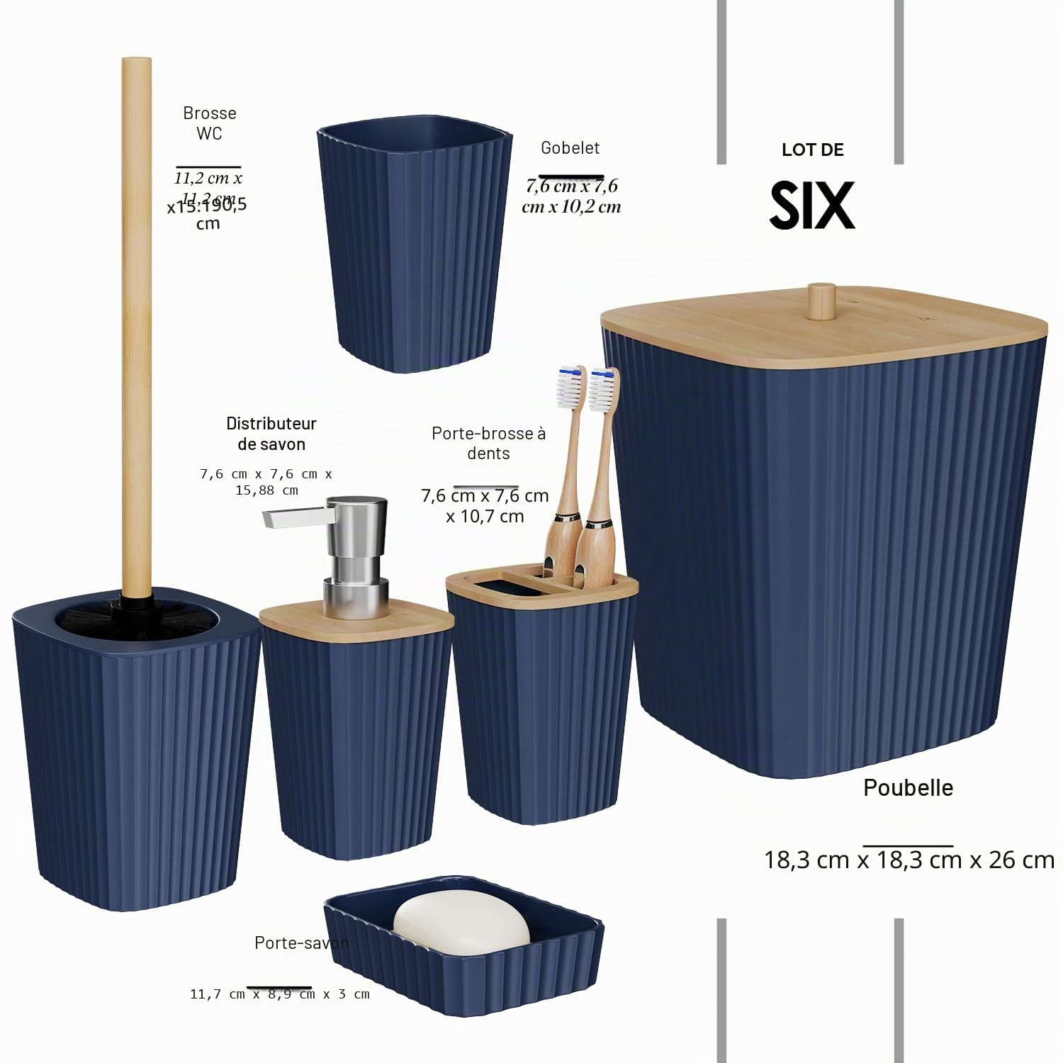 Clara Clark Ensemble d'accessoires de Salle de Bain 6 pièces avec Brosse WC, Poubelle et Distributeur de Savon Bleu Marine