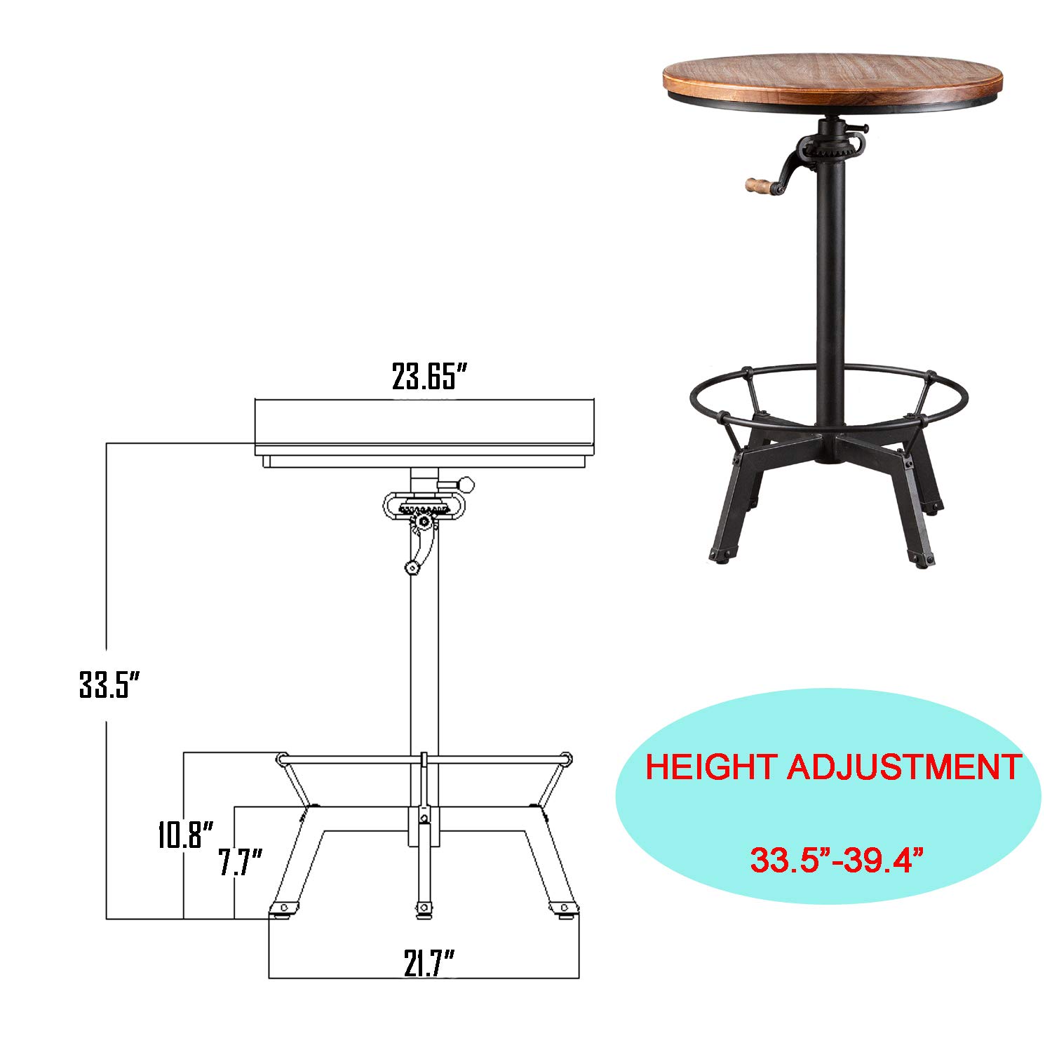 Topower Industrial Pub Table 23.65" Round Wood Top Adjustable Height 33